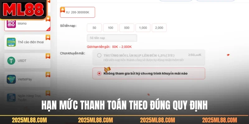 Hạn mức thanh toán theo đúng quy định