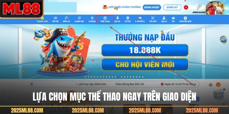Lựa chọn mục thể thao ngay trên giao diện