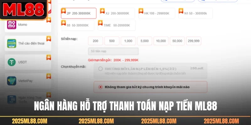 Ngân hàng hỗ trợ thanh toán nạp tiền ML88
